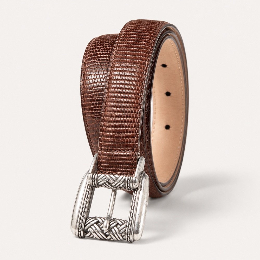 Brighton Womens Brown Lizard Embossed Leather Belt Size L Silver Buckle Western